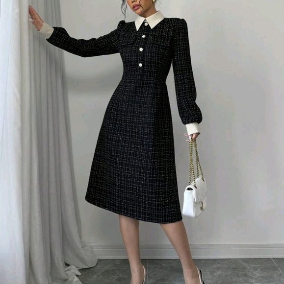 Commuting Chic Versatile A-Line Faux Pearl Button Decor Long Sleeve Dress - Picture 4 of 5